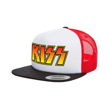 KISS, Adult Foam Flat Snapback with Mesh Black-White-Red (POLYESTER, ADULT, UNISEX, ONE SIZE)