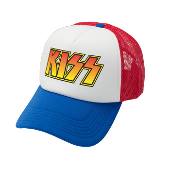 KISS, Adult Soft Trucker Hat with Red/Blue/White Mesh (POLYESTER, ADULT, UNISEX, ONE SIZE)