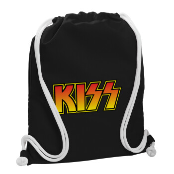 KISS, Backpack pouch GYMBAG Black, with pocket (40x48cm) & thick white cords