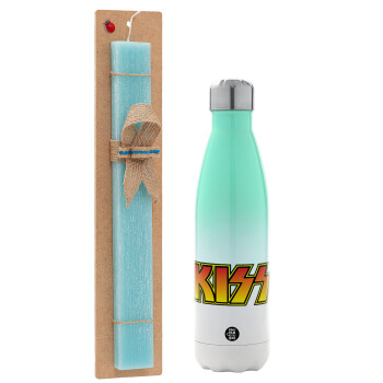 KISS, Easter Set, Metallic green/white thermos (Stainless steel), double-walled, 500ml & scented flat Easter candle (30cm) (TURQUOISE)