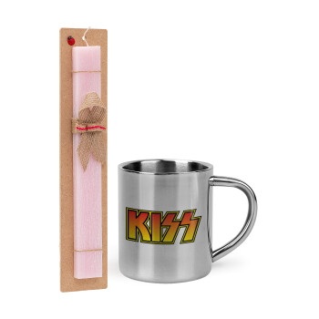 KISS, Easter Set, metallic thermal cup (300ml) & aromatic flat Easter candle (30cm) (PINK)