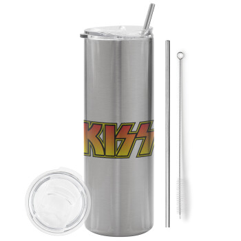 KISS, Eco friendly stainless steel Silver tumbler 600ml, with metal straw & cleaning brush