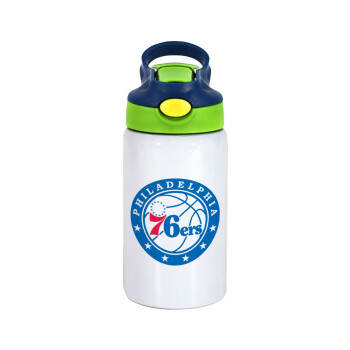 Philadelphia 76ers, Children's hot water bottle, stainless steel, with safety straw, green, blue (350ml)