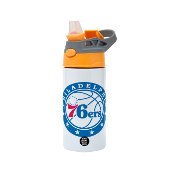 Philadelphia 76ers, Children's hot water bottle, stainless steel, with safety straw, Orange/Grey (360ml) BPA-FREE