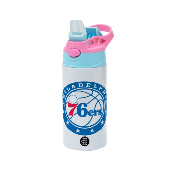 Philadelphia 76ers, Children's hot water bottle, stainless steel, with safety straw, Pink/BlueCiel (360ml) BPA FREE