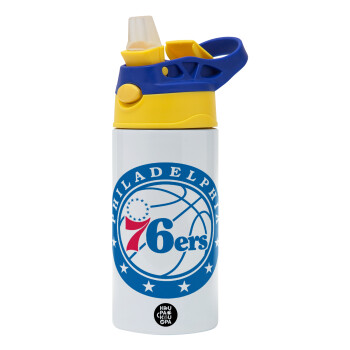 Philadelphia 76ers, Children's hot water bottle, stainless steel, with safety straw, green, blue (360ml) BPA FREE