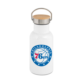 Philadelphia 76ers, Metallic thermos (Stainless steel) White with wooden lid (bamboo), double-walled, 350ml