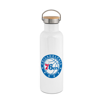 Philadelphia 76ers, Μεταλλικό παγούρι θερμός (Stainless steel) Λευκό με ξύλινο καπακι (bamboo), διπλού τοιχώματος, 750ml