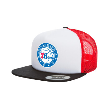 Philadelphia 76ers, Adult Foam Flat Snapback with Mesh Black-White-Red (POLYESTER, ADULT, UNISEX, ONE SIZE)