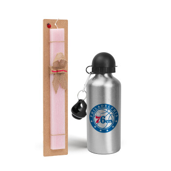 Philadelphia 76ers, Easter Set, metallic Silver aluminum water bottle (500ml) & scented flat Easter candle (30cm) (PINK)