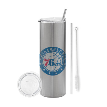 Philadelphia 76ers, Eco friendly ποτήρι θερμό Ασημένιο (tumbler) από ανοξείδωτο ατσάλι 600ml, με μεταλλικό καλαμάκι & βούρτσα καθαρισμού