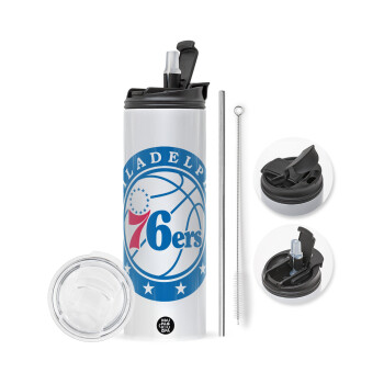 Philadelphia 76ers, Travel Tumbler θερμό με διπλό καπάκι, μεταλλικό καλαμάκι και βούρτσα καθαρισμού (Ανωξείδωτο 304 Food grade, BPA free, 600ml)