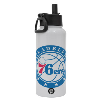 Philadelphia 76ers, Metal mug thermo White with Straw and Spout Lid (Stainless steel), double wall, 950ml