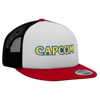 Capcom, Adult Foam Flat Snapback with Mesh Red-White-Black (POLYESTER, ADULT, UNISEX, ONE SIZE)