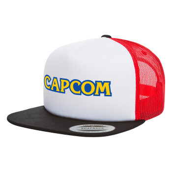 Capcom, Adult Foam Flat Snapback with Mesh Black-White-Red (POLYESTER, ADULT, UNISEX, ONE SIZE)