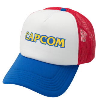 Capcom, Adult Soft Trucker Hat with Red/Blue/White Mesh (POLYESTER, ADULT, UNISEX, ONE SIZE)