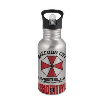 Resident Evil, Water bottle Silver with straw, stainless steel 500ml