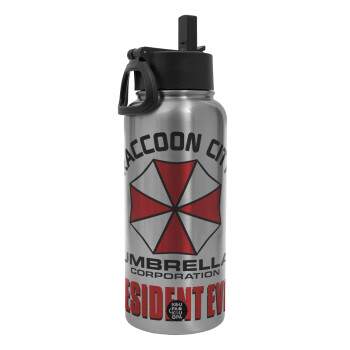 Resident Evil, Metal mug thermo Silver with Straw and Spout Lid (Stainless steel), double wall, 950ml