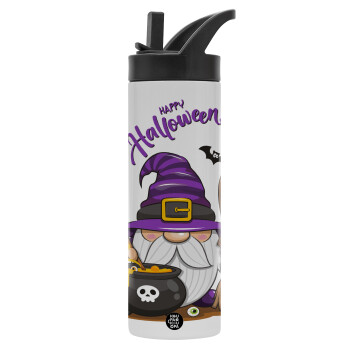 Happy Halloween (Χαλοουίν), Metallic thermos bottle with straw & handle, stainless steel (Stainless steel 304), double-walled, 600ml.