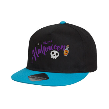 Happy Halloween (Χαλοουίν), Child's Flat Snapback Hat, Black/Blue (100% COTTON, CHILD, UNISEX, ONE SIZE)