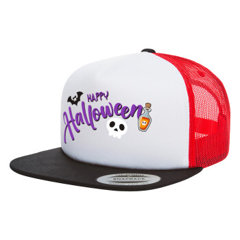 Happy Halloween (Χαλοουίν), Adult Foam Flat Snapback with Mesh Black-White-Red (POLYESTER, ADULT, UNISEX, ONE SIZE)