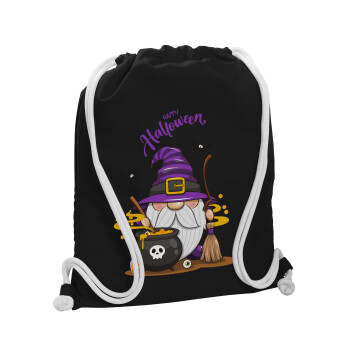 Happy Halloween (Χαλοουίν), Backpack pouch GYMBAG Black, with pocket (40x48cm) & thick white cords