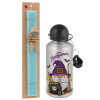 Easter Set, metallic silver aluminum water bottle (500ml) & scented flat Easter candle (30cm) (TURQUOISE)