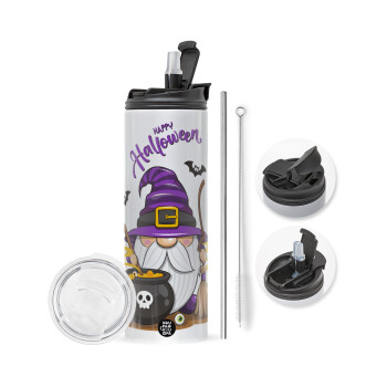 Happy Halloween (Χαλοουίν), Travel Tumbler θερμό με διπλό καπάκι, μεταλλικό καλαμάκι και βούρτσα καθαρισμού (Ανωξείδωτο 304 Food grade, BPA free, 600ml)