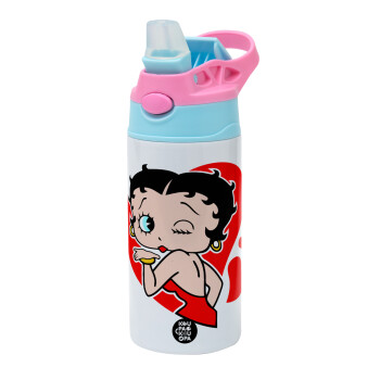 Betty Boop, Παιδικό παγούρι θερμό, ανοξείδωτο, με καλαμάκι ασφαλείας, Ροζ/Σιελ (360ml) BPA FREE