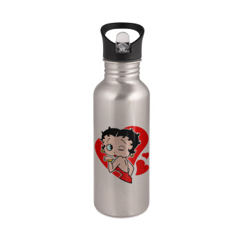 Betty Boop, Water bottle Silver with straw, stainless steel 600ml