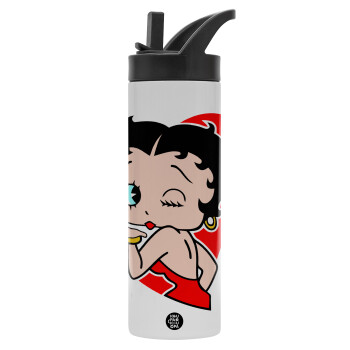 Betty Boop, Μεταλλικό παγούρι θερμός με καλαμάκι & χειρολαβή, ανοξείδωτο ατσάλι (Stainless steel 304), διπλού τοιχώματος, 600ml