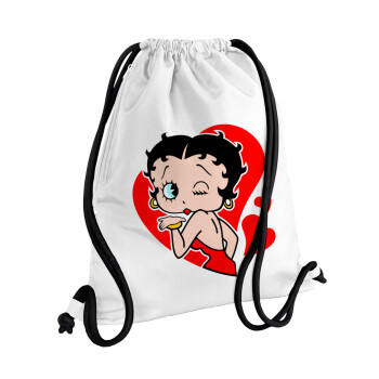Betty Boop, Τσάντα πλάτης πουγκί GYMBAG λευκή, με τσέπη (40x48cm) & χονδρά κορδόνια