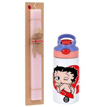 Betty Boop, Easter Set, Children's thermal stainless steel water bottle with safety straw, pink/purple (350ml) & Easter scented flat candle (30cm) (PINK)