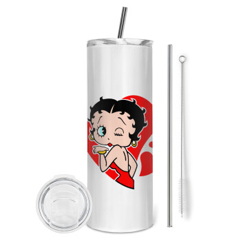 Betty Boop, Tumbler ποτήρι θερμό από ανοξείδωτο ατσάλι 600ml, με μεταλλικό καλαμάκι & βούρτσα καθαρισμού