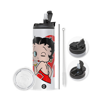 Betty Boop, Travel Tumbler θερμό με διπλό καπάκι, μεταλλικό καλαμάκι και βούρτσα καθαρισμού (Ανωξείδωτο 304 Food grade, BPA free, 600ml)