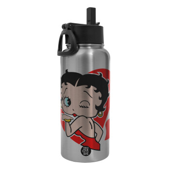 Betty Boop, Μεταλλικό παγούρι θερμός Silver με καλαμάκι και χερούλι (Stainless steel), διπλού τοιχώματος, 950ml