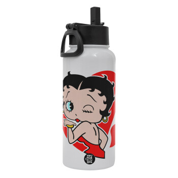 Betty Boop, Μεταλλικό παγούρι θερμός Λευκό με καλαμάκι και χερούλι (Stainless steel), διπλού τοιχώματος, 950ml