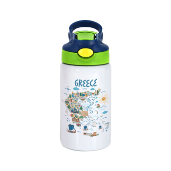 Greek map, Children's hot water bottle, stainless steel, with safety straw, green, blue (350ml)