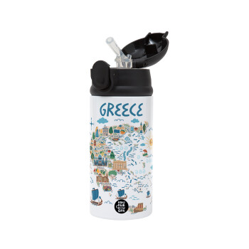 Greek map, Children's hot water bottle, stainless steel, with safety straw, Black (360ml) BPA-FREE