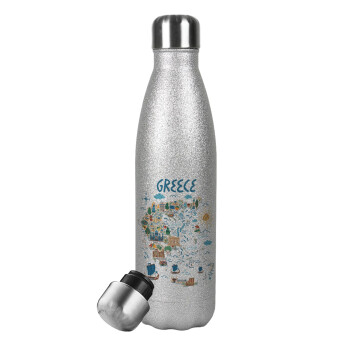 Greek map, Metallic Glitter Silver Thermos Flask (Stainless steel), double-walled, 500ml