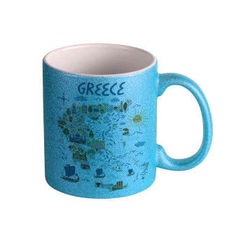Greek map, Κούπα Σιέλ Glitter που γυαλίζει, κεραμική, 330ml