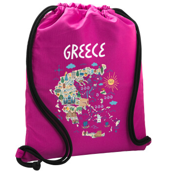 Χάρτης Ελλάδος, Τσάντα πλάτης πουγκί GYMBAG Φούξια, με τσέπη (40x48cm) & χονδρά κορδόνια