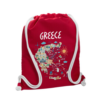 Greek map, Backpack pouch GYMBAG Red, with pocket (40x48cm) & thick cords