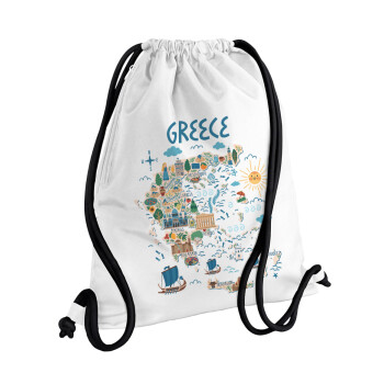 Χάρτης Ελλάδος, Τσάντα πλάτης πουγκί GYMBAG λευκή, με τσέπη (40x48cm) & χονδρά κορδόνια