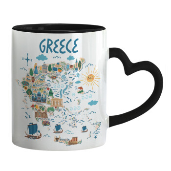 Greek map, Mug heart black handle, ceramic, 330ml