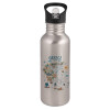 Water bottle Silver with straw, stainless steel 600ml