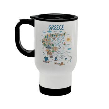 Greek map, Stainless steel travel mug with lid, double wall white 450ml