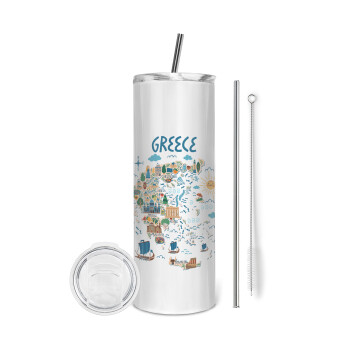 Χάρτης Ελλάδος, Eco friendly ποτήρι θερμό (tumbler) από ανοξείδωτο ατσάλι 600ml, με μεταλλικό καλαμάκι & βούρτσα καθαρισμού