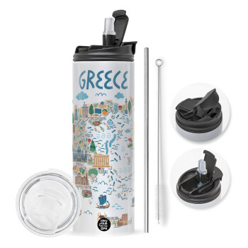 Χάρτης Ελλάδος, Travel Tumbler θερμό με διπλό καπάκι, μεταλλικό καλαμάκι και βούρτσα καθαρισμού (Ανωξείδωτο 304 Food grade, BPA free, 600ml)