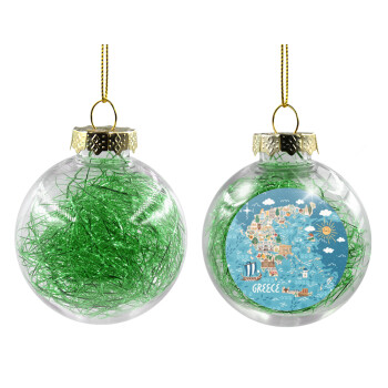 Greek map, Transparent Christmas tree ball ornament with green filling 8cm